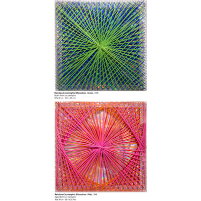 <b>Rainbow Catastrophic Bifurcation - Green</b>, 1998<br>Nylon fabric on plexiglass<br>90 x 90 cm - 35.4 x 35.4 in.<br><br><b>Rainbow Catastrophic Bifurcation - Pink</b>, 1998<br>Nylon fabric on plexiglass<br>90 x 90 cm - 35.4 x 35.4 in.