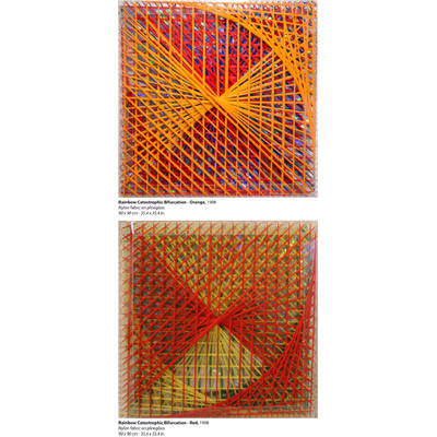 <b>Rainbow Catastrophic Bifurcation - Orange</b>, 1998<br>Nylon fabric on plexiglass<br>90 x 90 cm - 35.4 x 35.4 in.<br><br><b>Rainbow Catastrophic Bifurcation - Red</b>, 1998<br>Nylon fabric on plexiglass<br>90 x 90 cm - 35.4 x 35.4 in.