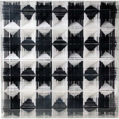<b>Biforcazione perfetta optical</b>, 2001<br>tessuto nylon su teca in plexiglas<br>90 x 90 x 9 cm