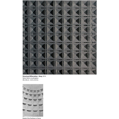 <b>Structural Bifurcation - Grey</b>, 2014<br>Nylon fabric on plexiglass<br>90 x 90 cm - 35.4 x 35.4 in.<br>on view at IA&A at Hillyer