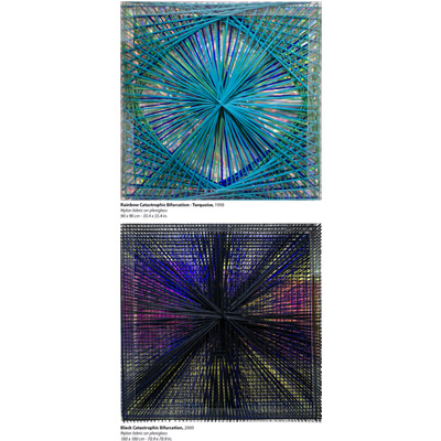 <b>Rainbow Catastrophic Bifurcation - Turquoise</b>, 1998<br>Nylon fabric on plexiglass<br>90 x 90 cm - 35.4 x 35.4 in.<br>on view at IA&A at Hillyer<br><br><b>Rainbow Catastrophic Bifurcation</b>, 2000<br>Nylon fabric on plexiglass<br>90 x 90 cm - 35.4 x 35.4 in.<br>on view at IA&A at Hillyer