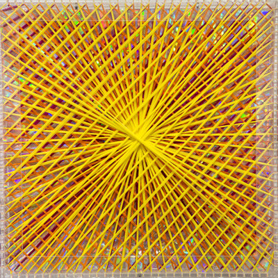 <b>Rainbow Catastrophic Bifurcation - Yellow</b>, 1998<br>Nylon fabric on plexiglass<br>90 x 90 cm - 35.4 x 35.4 in.